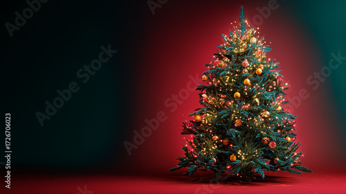 A Christmas tree decorated with golden, red, and green ornaments stands on a flat red surface against an empty background, evoking a festive yet elegant holiday vibe.