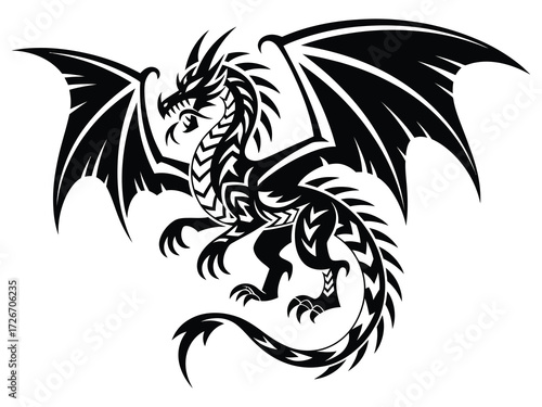 Fierce dragon tattoo design with detailed scales and wings, vector illustration in bold black style