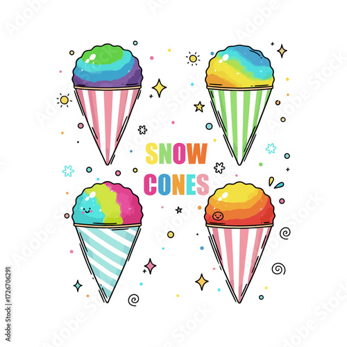 set of shaved ice on cones vector doodle illustration