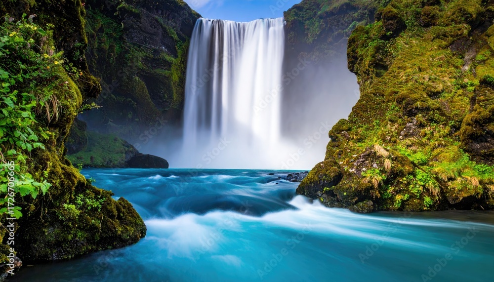 Fototapeta premium Majestic waterfall cascading into turquoise pool, framed by lush green Icelandic landscape