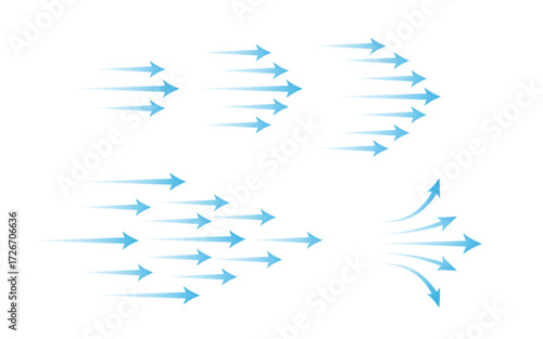 Blue gradient arrow collection with air flow patterns for navigation and direction design. Straight pointers with curved. Various cooling and purification symbol for climate control equipment.