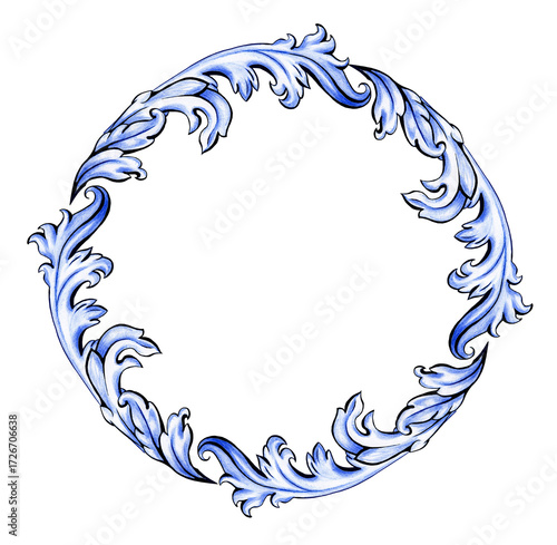 An elegant circular frame with ornate blue and white leaves. The intricate, hand-drawn composition border is perfect for luxurious invitations, logos, and monograms.