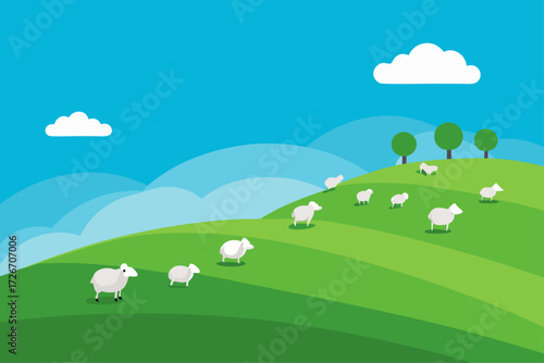 A flock of sheep grazing peacefully on a hill