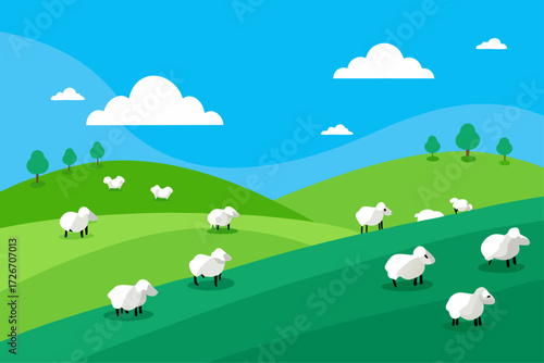 A flock of sheep grazing peacefully on a hill