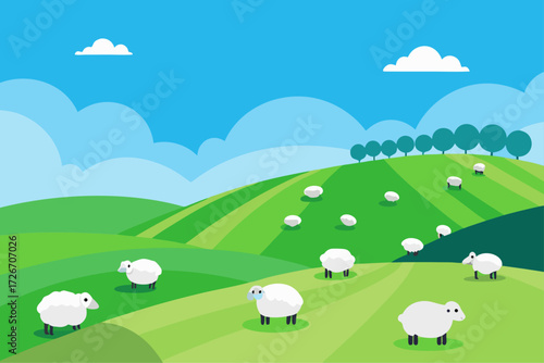 A flock of sheep grazing peacefully on a hill