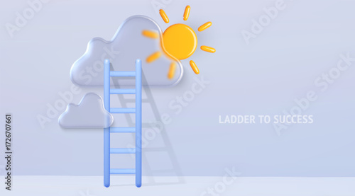 Blue ladder reaching through cloud towards bright sun with career dream success concept for business growth visualization. Soft white forms and sky elements. Achievement path metaphor illustration.