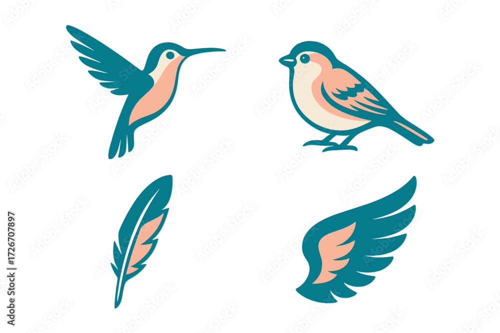 Obraz premium Collection of stylized graphic bird elements including a flying hummingbird, a perched sparrow, a single feather, and a wing