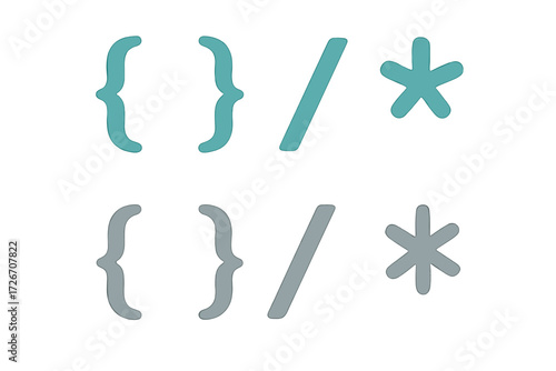 Set of programming and mathematical symbols including curly braces forward slash and asterisk in two color variations