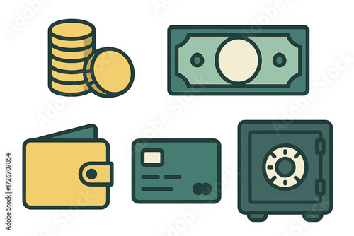 Essential financial icons collection featuring currency, payment methods, and secure storage symbols for modern transactions