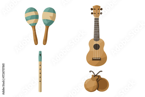 Colorful low poly musical instruments set including maracas ukulele flute and castanets for celebration and rhythm