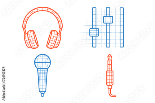 Collection of essential audio equipment icons including headphones, microphone, mixer faders, and an audio jack