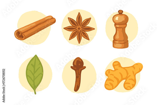 Variety of aromatic cooking spices and herbs such as cinnamon, star anise, ginger, bay leaf, and cloves with a wooden pepper mill