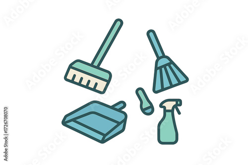 Essential household cleaning tools collection with broom, dustpan, hand brush, and spray bottle