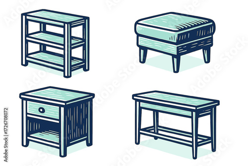 Modern graphic style collection of household furniture items featuring a shelf, ottoman, nightstand, and bench