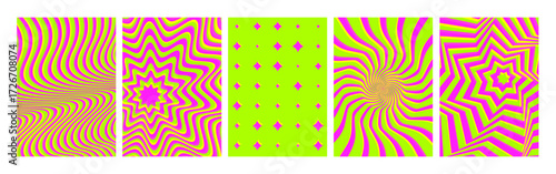 Hypnotic color retro patterns collection with psychedelic designs - neon pink and lime green swirls, starburst rays, wavy lines for posters or backgrounds. Vibrant groovy vintage artwork set.