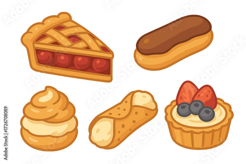 Assortment of delicious sweet pastries baked goods and confectionery desserts including fruit pie eclairs and cannoli