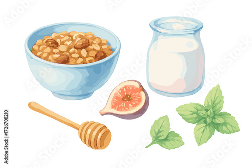 Healthy breakfast spread with granola, fresh milk, ripe fig, sweet honey, and aromatic mint leaves