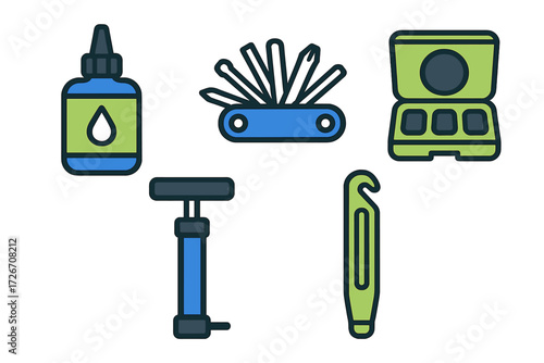 Bicycle repair and maintenance tools kit with pump, multi-tool, patch kit, lubricant, and tire lever