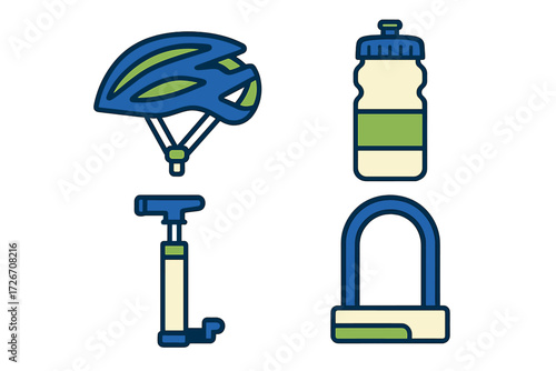 Set of essential cycling equipment and accessories for outdoor sports and recreation, including a protective helmet, hydration bottle, tire pump, and security lock