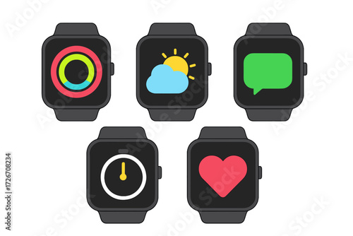 Collection of modern smartwatches displaying various health, communication, and utility application icons
