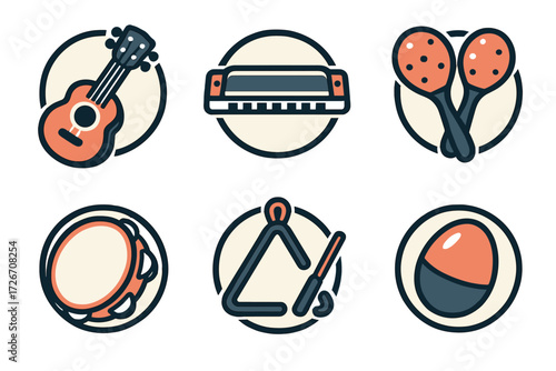 Set of diverse musical instrument icons including ukulele harmonica maracas tambourine triangle and egg shaker for sound and entertainment concepts