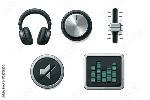 Digital audio interface components featuring headphones, rotary dial, fader, mute button, and sound equalizer display
