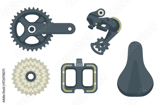 Collection of essential bicycle components for repair and assembly, featuring crankset, derailleur, cassette, pedal, and saddle
