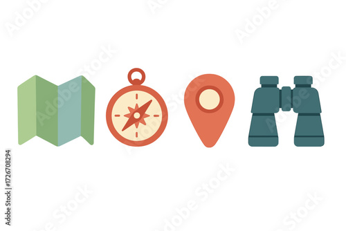 Essential travel and adventure navigation tools including a folded map, compass, location pin, and binoculars for exploration