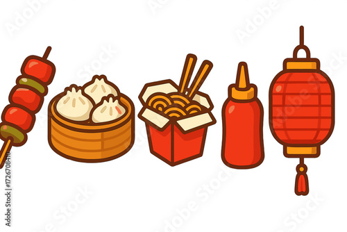 Collection of Asian cuisine elements including dim sum, noodles, skewer, sauce, and traditional red lantern