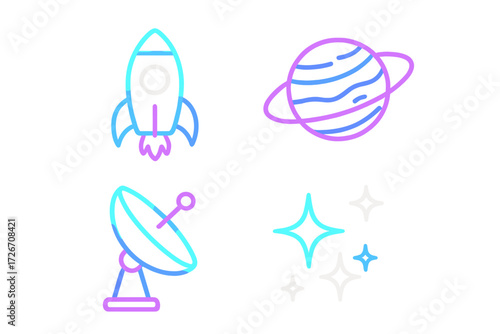 Vibrant gradient line art icons depicting space exploration elements including a rocket ship, a ringed planet, a satellite dish, and sparkling stars