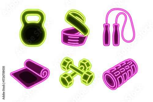 Vibrant neon glowing fitness equipment set for gym workout and exercise training including dumbbells, yoga mat, kettlebell, and jump rope