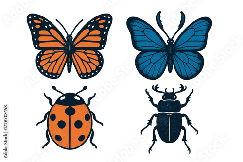Vibrant collection of colorful stylized butterflies and beetles with unique textured wings and bodies on a clean white background