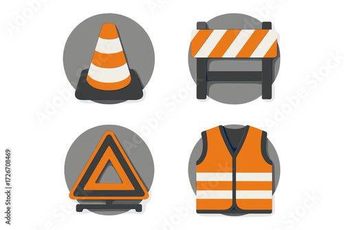 Essential road construction safety equipment and warning signs set, including traffic cone, barrier, vest, and triangle