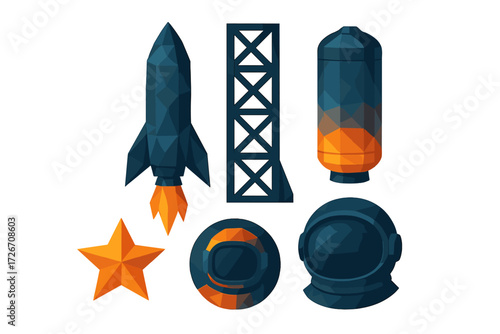 Low poly geometric space exploration elements with rocket, launch tower, fuel tank, star, astronaut helmet