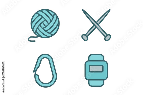 Crafting and outdoor activity symbols featuring yarn, knitting needles, climbing carabiner, and smartwatch
