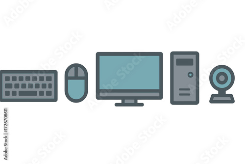 Modern computer hardware components set including monitor keyboard mouse desktop tower and webcam for office and home