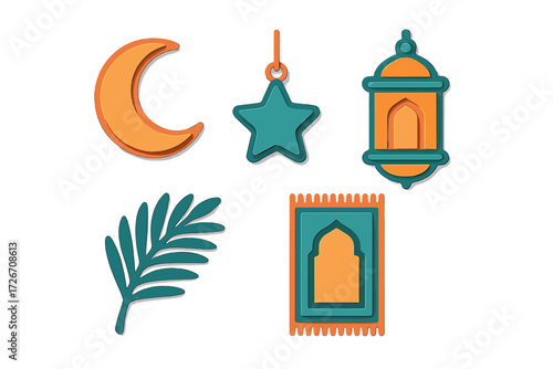 Stylized Islamic religious symbols and decorative elements for Ramadan celebration, Eid al-Fitr, and Muslim holiday designs
