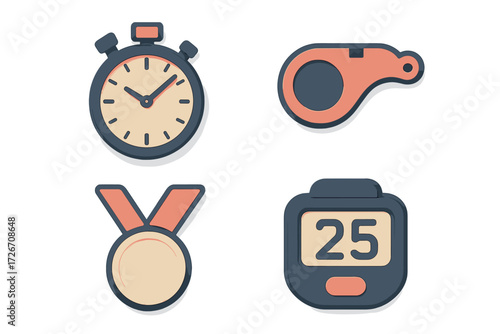 Collection of sports competition timing and award icons featuring stopwatch whistle medal and digital counter