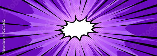 Purple comic burst with superhero cloud explosion, black outlines and radial speed lines from white center empty text box. Halftone dots for dynamic action panels or retro pop art backgrounds.