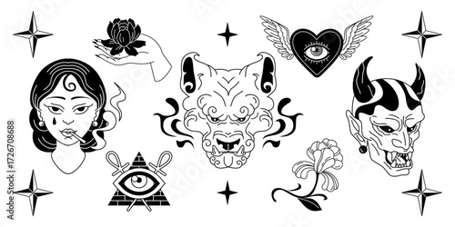 Old school tattoo collection with demon mask, woman portrait, winged heart and pyramid eye on white background. Black line art of flower, stars and demon head for traditional flash sheet designs.