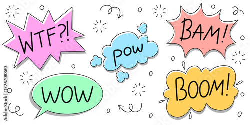 Colorful comic bubbles with boom and pow, wtf, bam and wow text in pastel colors bursts. Sound effects with shadows, sparkles and motion lines for cartoon action scenes or retro pop art designs.