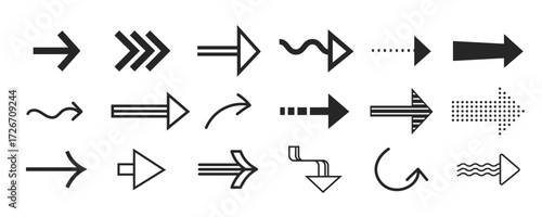 Narrow sign icons with right pointing arrows for navigation and interface elements. Black directional symbols with wavy lines, dotted patterns and curved pointers. Minimalist web ui buttons.