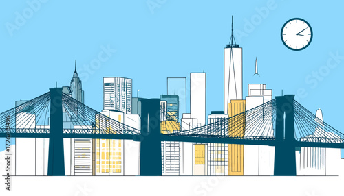 Brooklyn Bridge New York skyline with clock