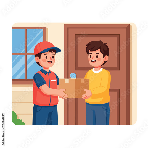 Delivery person handing a package to a customer at the door of a house with a window and door