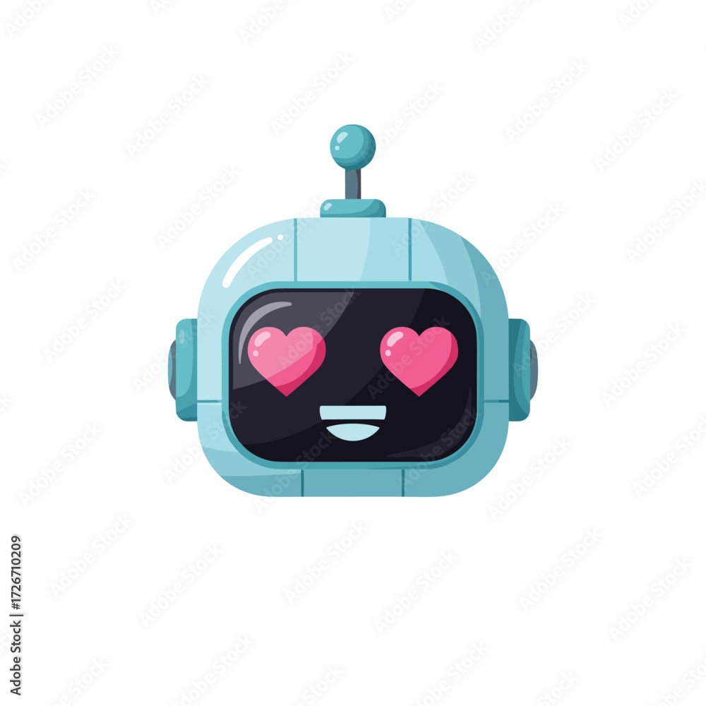 Obraz premium Illustration of a light blue robot head with heart shaped eyes and a small antenna on top