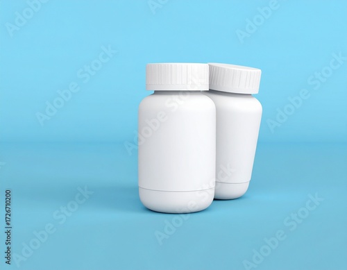 Two white plastic pill bottles with white caps on a light blue surface.