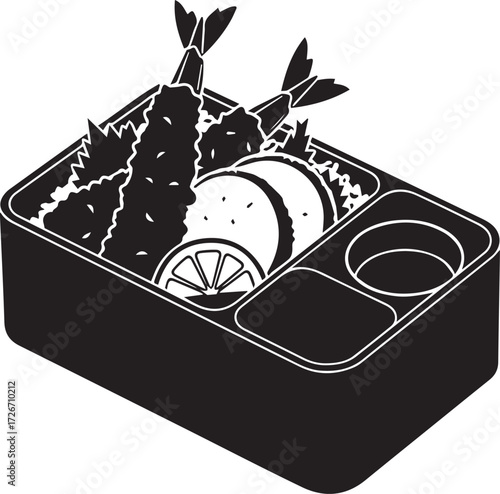 Japanese Bento Box Silhouette with Tempura Shrimp – Vector Asian Food Illustration