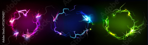 Neon circle frames with bolt and light effects for electric energy design. Glowing pink, blue and green lightning rings with sparks and plasma discharge. Futuristic power borders for technology design