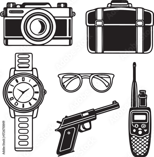 Collection of black and white icons of spy gear and accessories