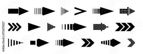 Black arrow collection with narrow sign designs for navigation and direction. Various pointer styles with dots, lines and geometric patterns. Modern interface icons for mobile app or wayfinding system